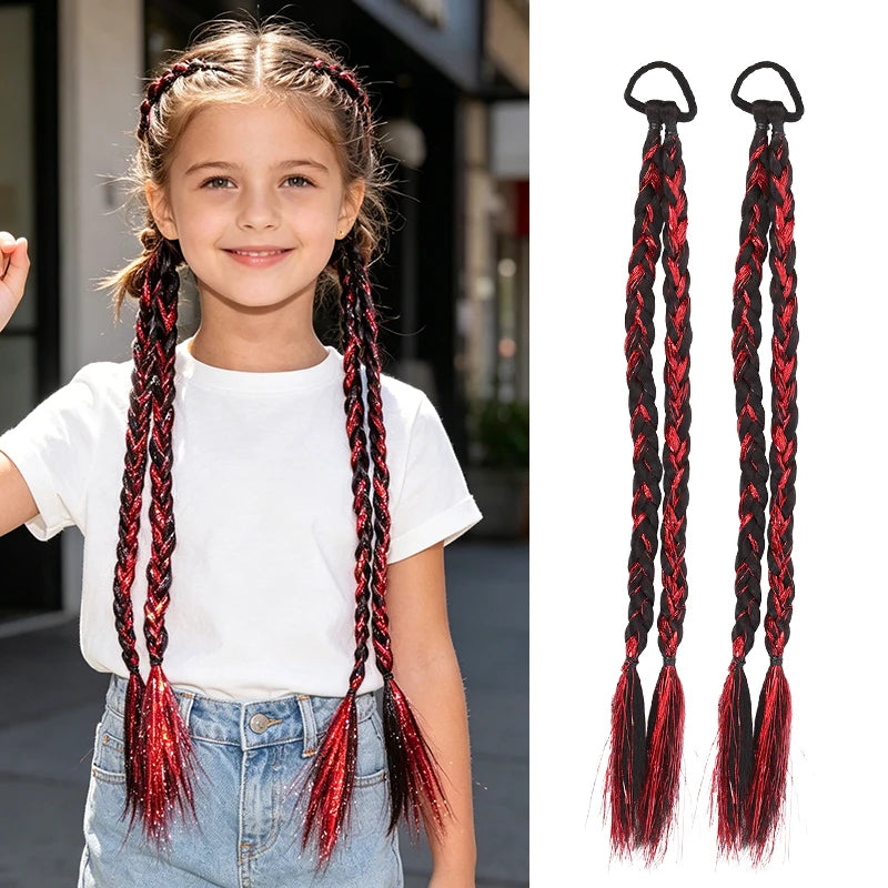 Trendy Pair Pack Synthetic Fiber Laser Highlights Braided Ponytail Wig Girls Streetwear