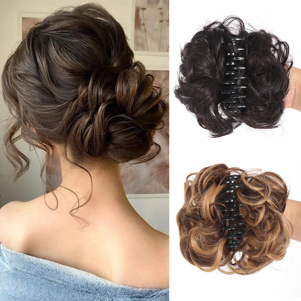 Synthetic Chignon Messy Bun Claw Clip in Hair Piece Wavy Curly Ponytail