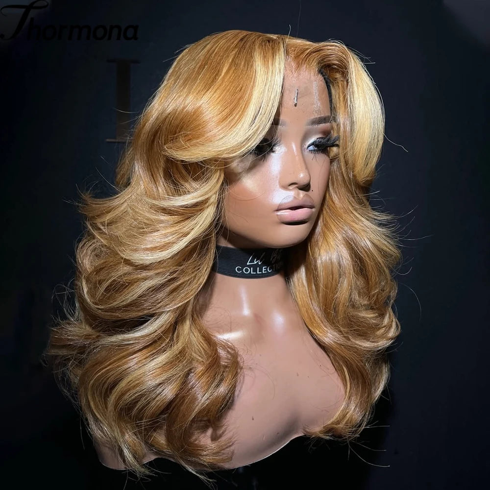 13x6 Highlight Ombre Honey Blonde Body Wave Lace Front Wigs Synthetic HD
