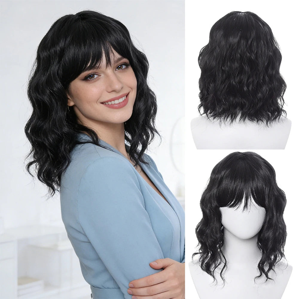 Natural Black Short Curly Wig - Shoulder Length Wavy Bob with Bangs | Synthetic Heat-Resistant Hair