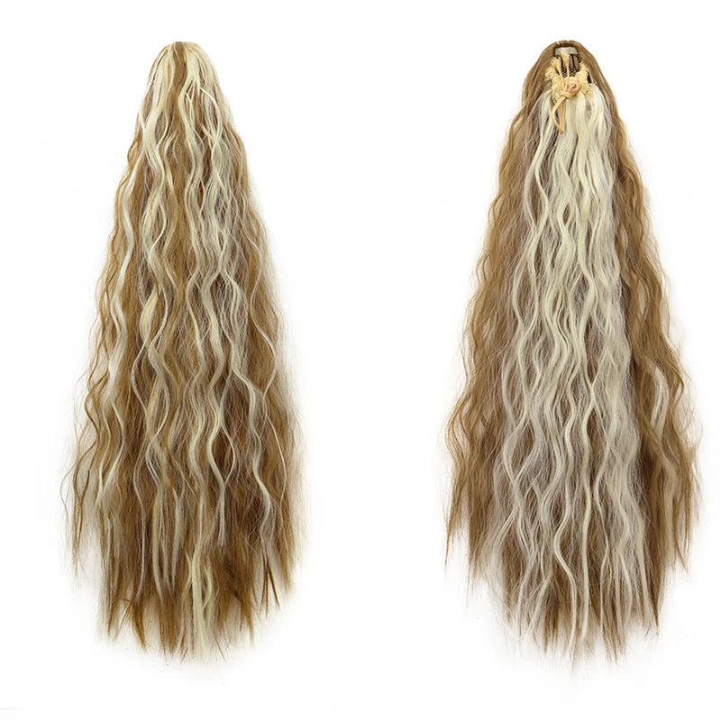 22Inch Synthetic Long Kinky Curly Ponytail Hair Extension Drawstring Wrapped Clip in Hair Black Hairpiece