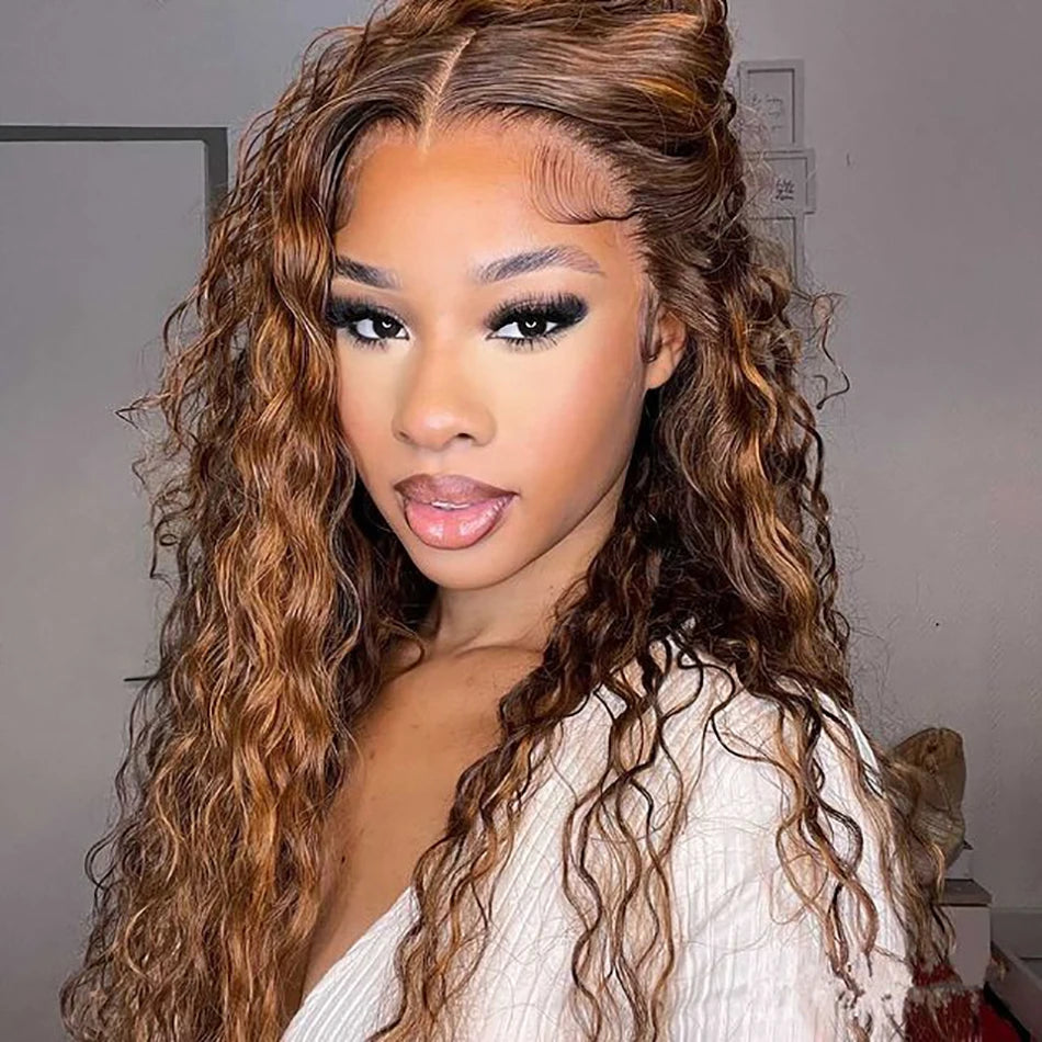 Honey Blonde Curly Wigs, 13x6 Glueless Highlight Human Hair Ready To Wear