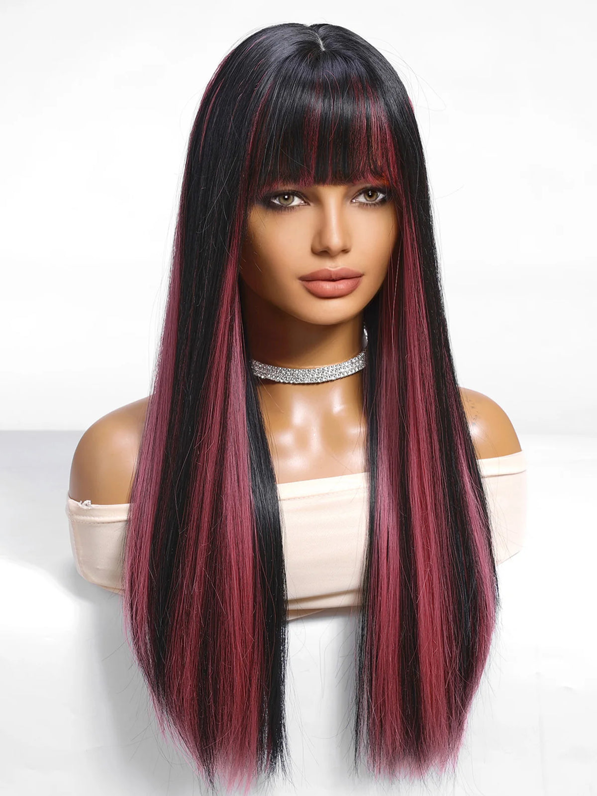Black Highlight Pink Synthetic Wig Bangs Long Straight Red Cosplay Party Christmas