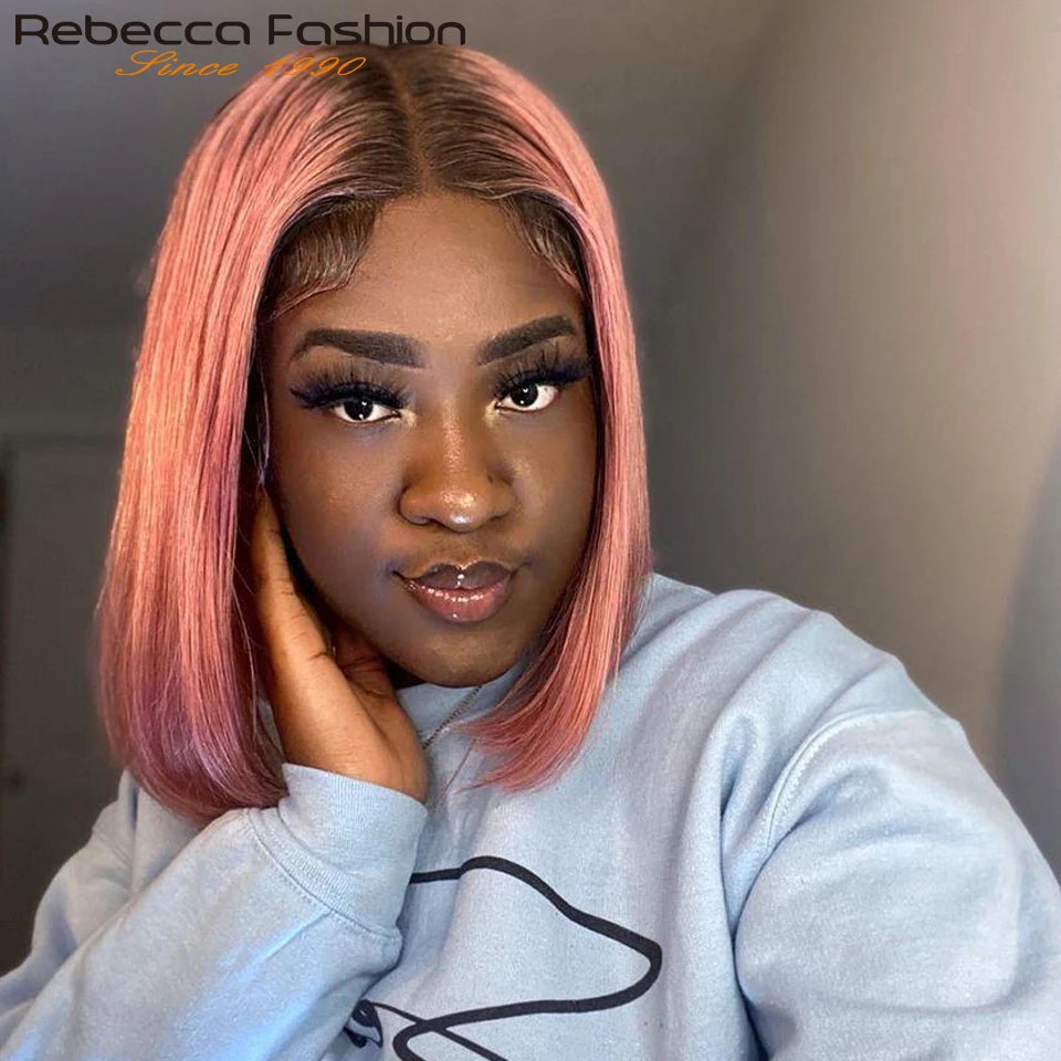 Short Cut Colored Pink Bob T Part Lace Wigs Human Hair 180D