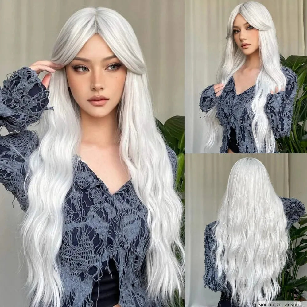 Super Long Curly Silver White Synthetic Wig Medium Part Water Wave Daily