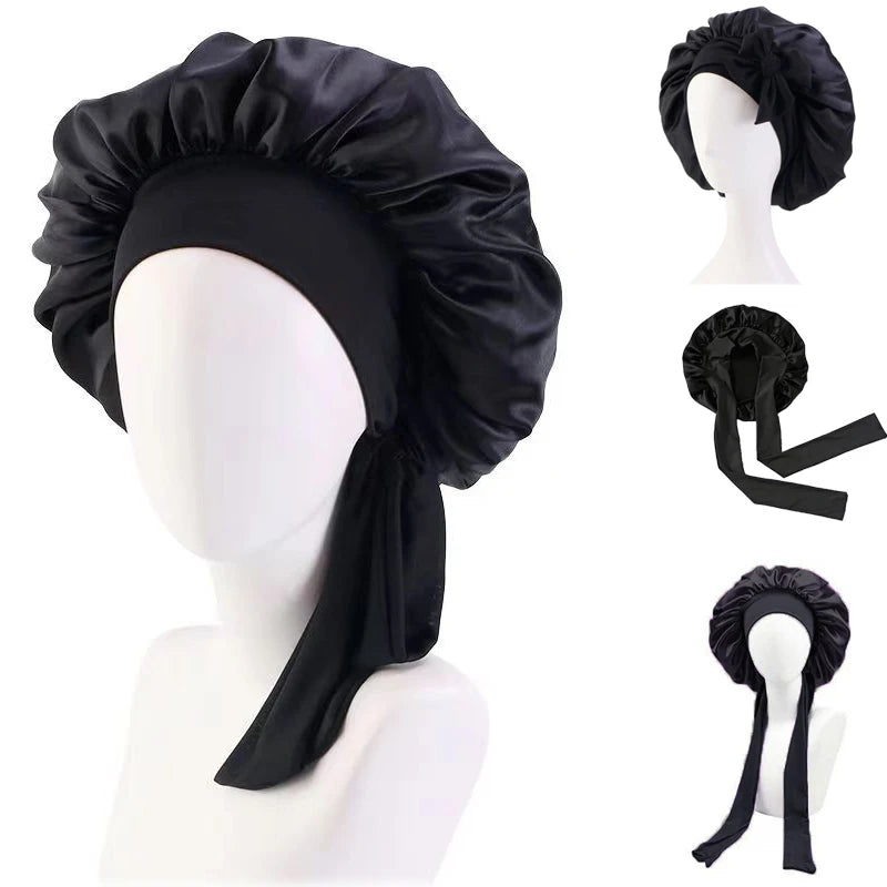 Sleeping Cap-Elastic Band Silk Hair Bonnets Sleeping Cap With Wide Edge Ribbon-Hair Protection Turban Head Wraps