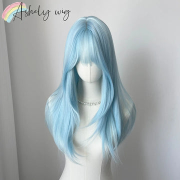 Lce Blue Wig Bangs 22inch Middle Straight Hair Lolita Nature Looking Headband