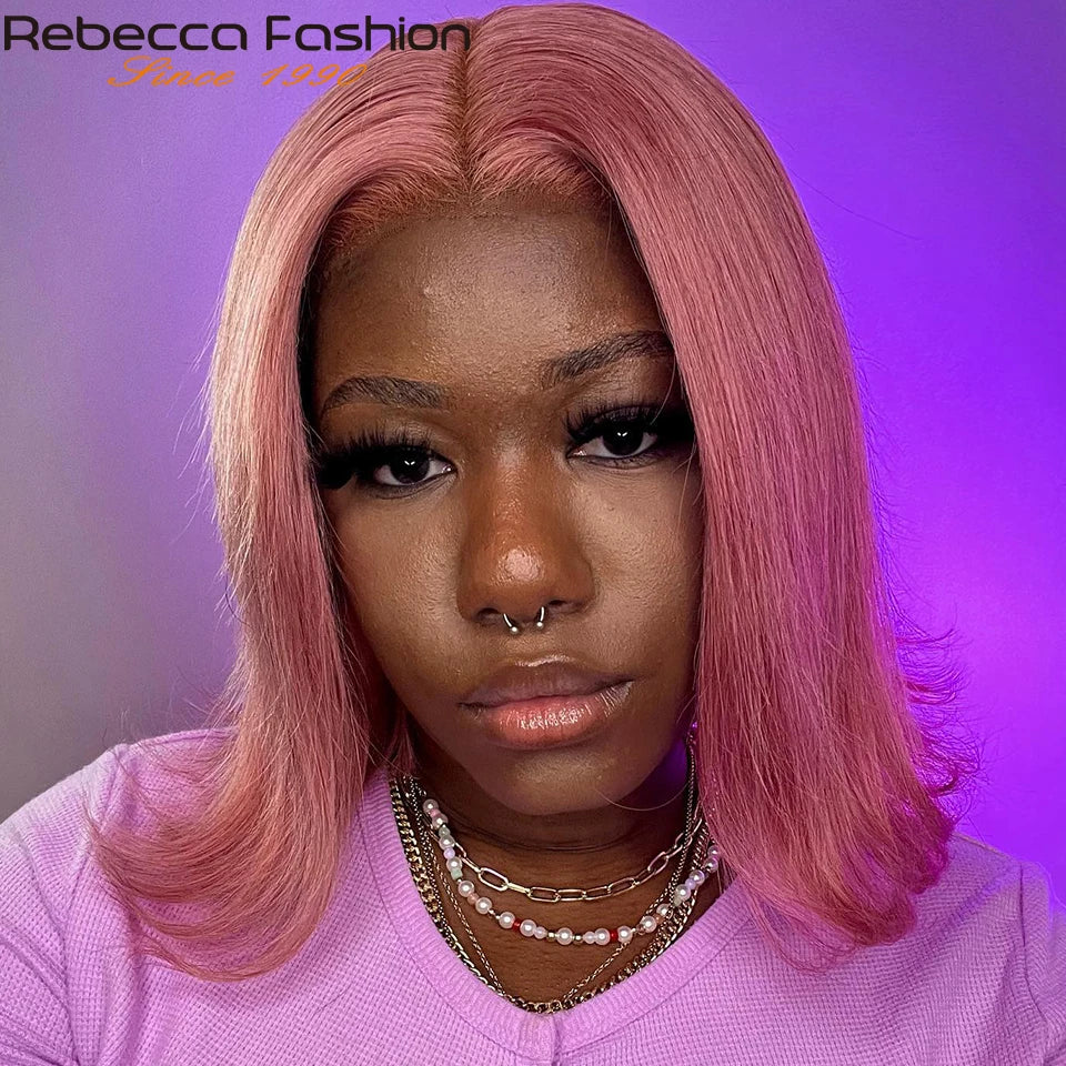 Short Cut Colored Pink Bob T Part Lace Wigs Human Hair 180D