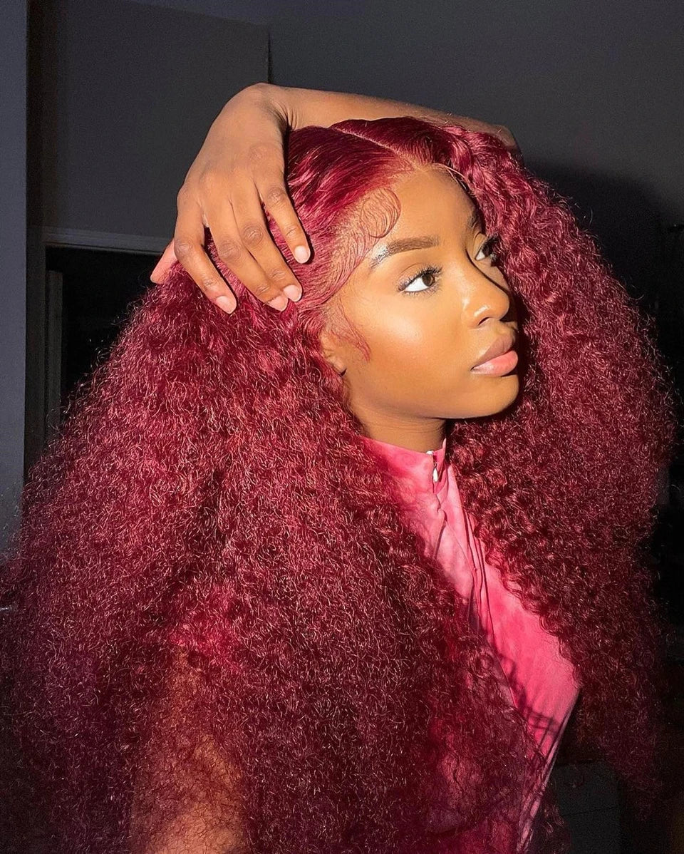 Deep Wave Burgundy, 13x6 HD Lace Frontal Curly Human Hair Wigs Red