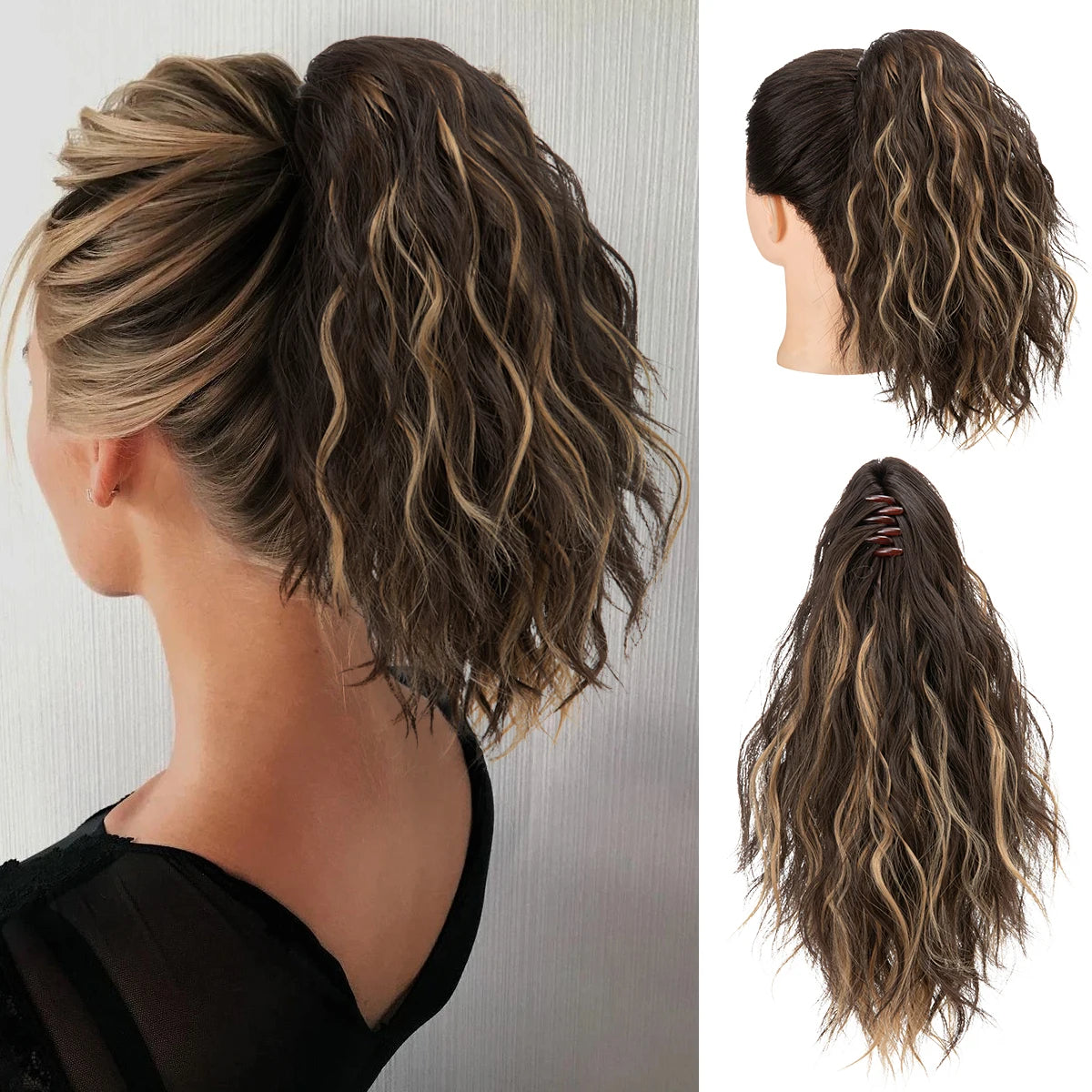 Synthetic Curly Claw Clip in Ponytail Blonde Brown Short Hairpiece 13" Fake