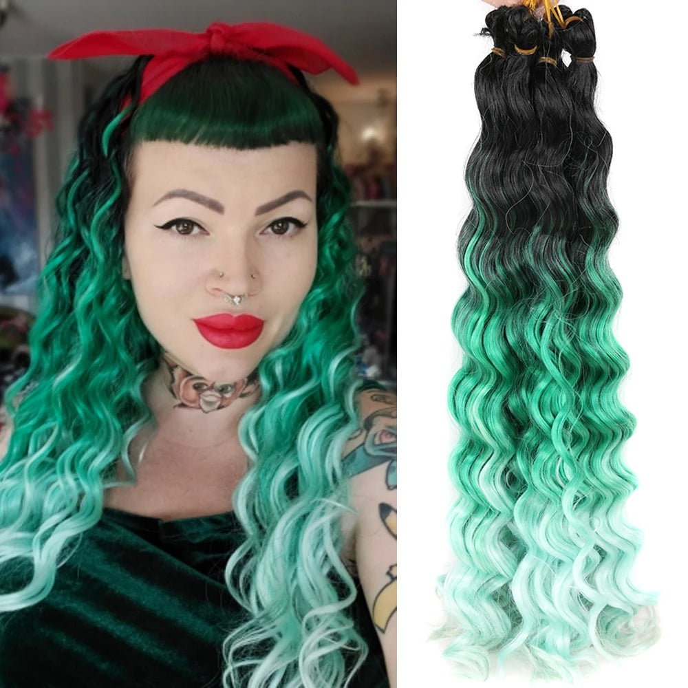 20“Deep Curly Synthetic Hair Deep Wave Bulk Crochet Braid Black Ombre Blue