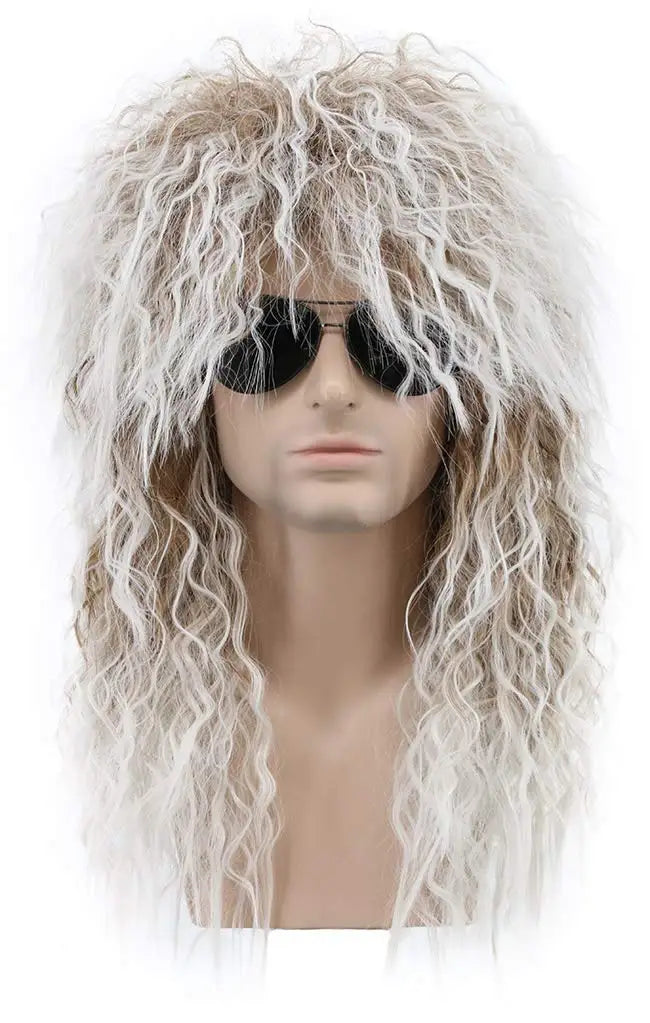 Long Curly Brown Gradient White Synthetic Wig 70s 80s Rocker Mullet Party