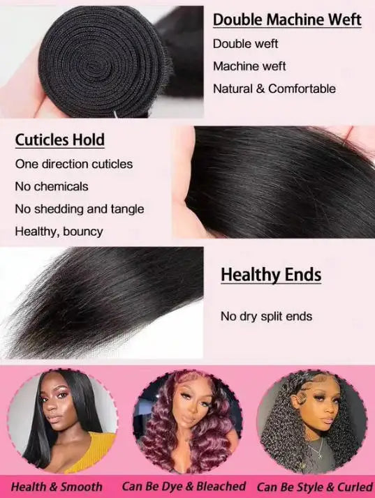 Long Straight Human Hair Bundles Natural Brazilian Virgin 1/3/4 Extensions Double Weft