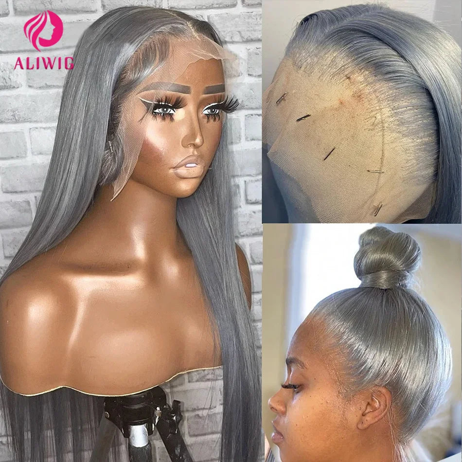 Silver Grey Straight Lace Front Wig Remy Human Hair 613 Colored HD
