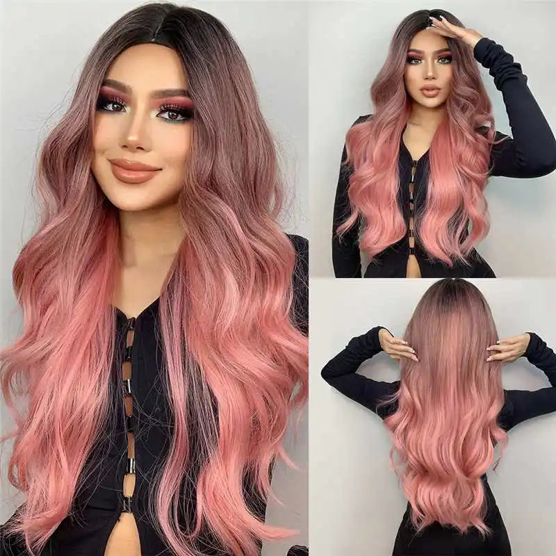 Platinum Blonde White Highlight Dark Roots Synthetic Hair Wigs Long Wavy Cosplay