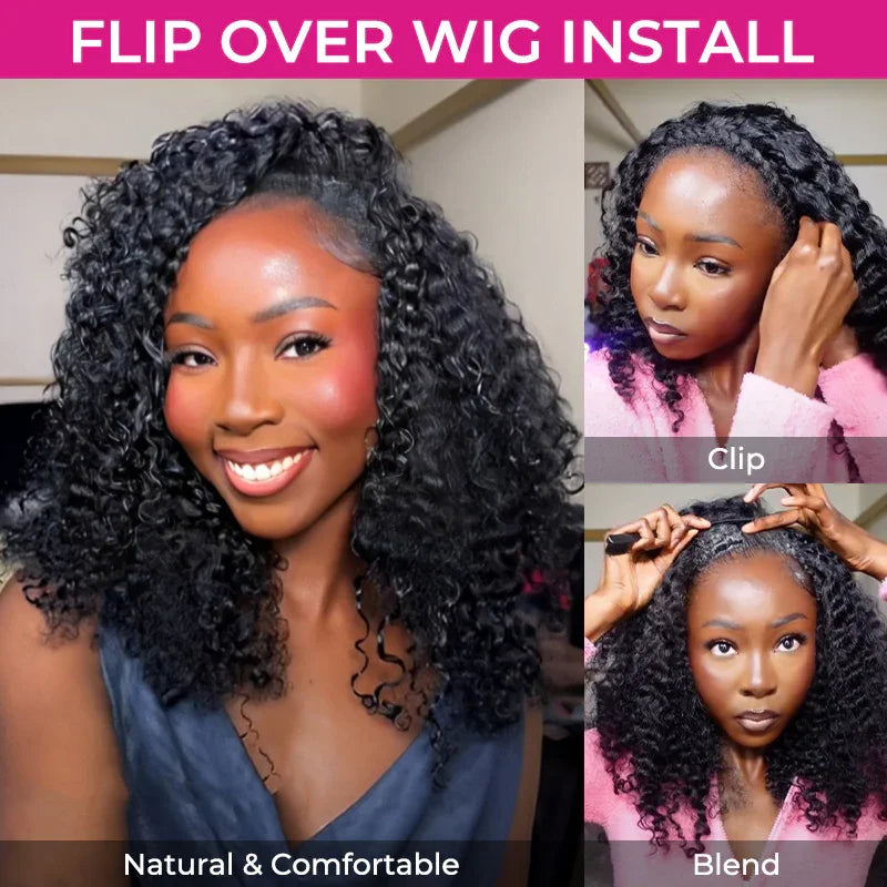 Afro Kinky Curly Human Hair Headband Wig — Glueless 3-in-1 Half Wig, 300% Density