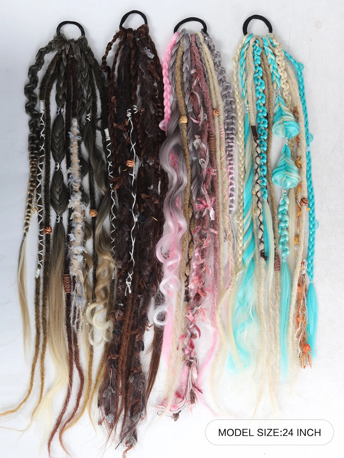 Hand-Braided Viking Dreadlock Beaded Synthetic Hairpiece 24" Boho Braided Ponytail Extension with Hair Tie