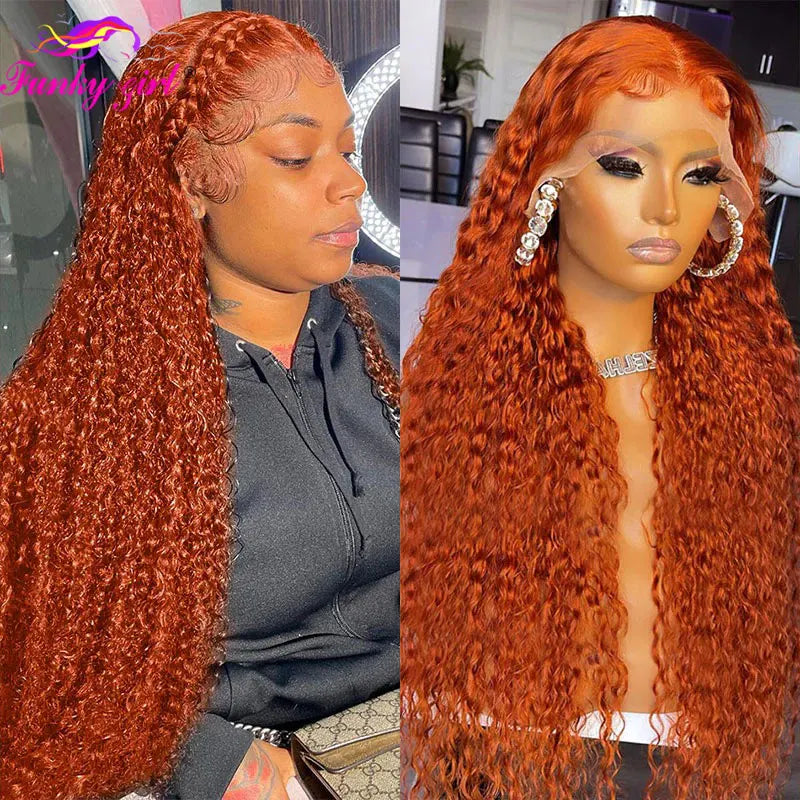 Ginger Water Wave Human Hair Wig, 13x4 Lace Front Brazilian Orange Color