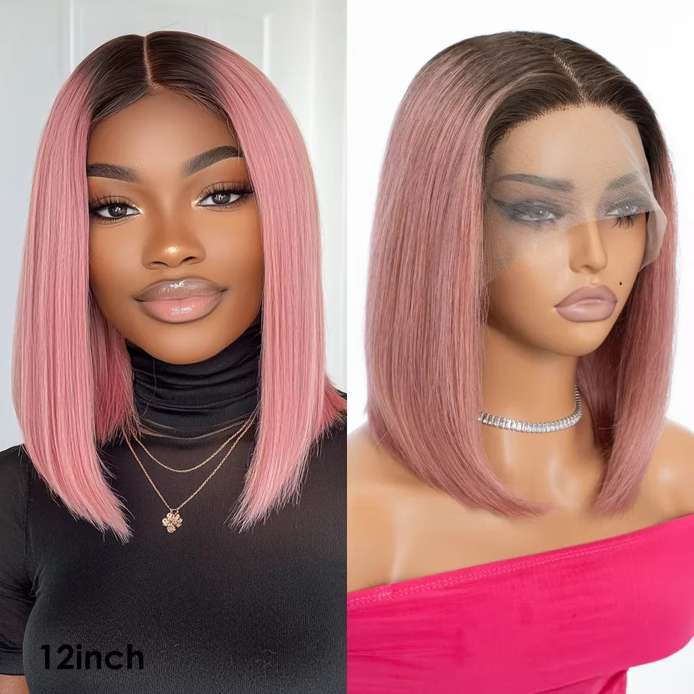 Short Cut Colored Pink Bob T Part Lace Wigs Human Hair 180D