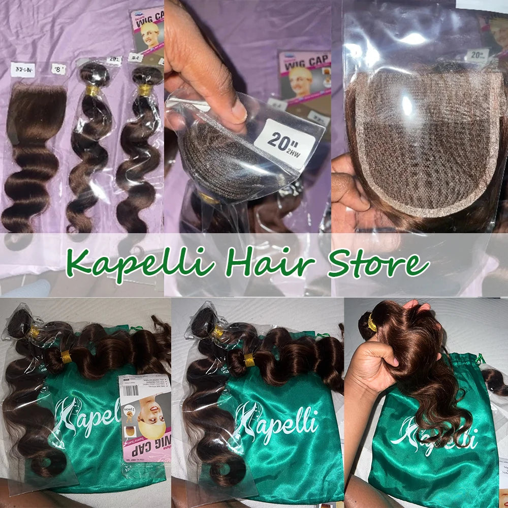 Brown Body Wave Human Hair Bundles with Lace Closure — Brazilian, Remy