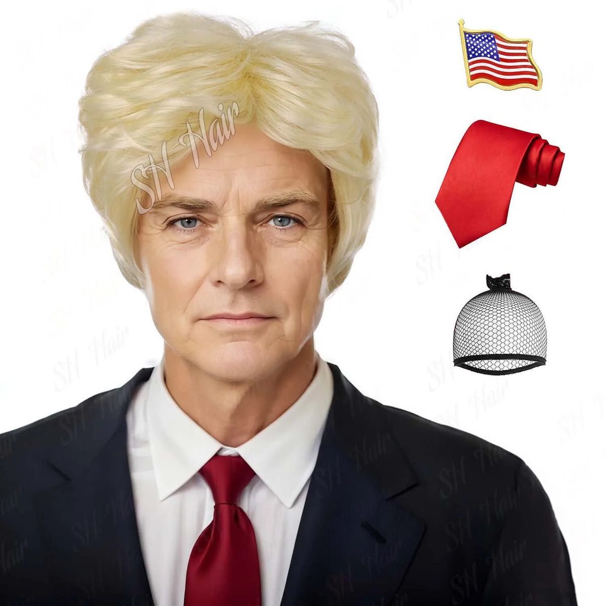 Synthetic Blonde Costume Wig + Flag Pin Red Tie Adults Layered Cosplay