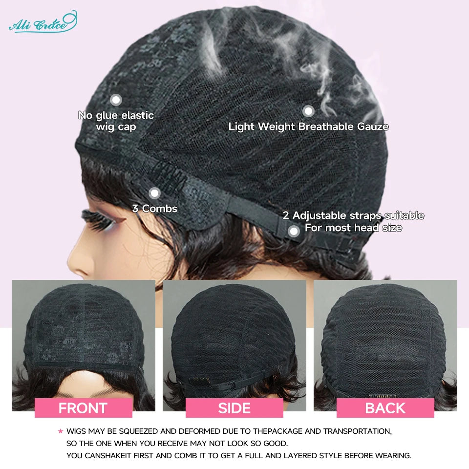 Short Bob Pixie Cut Wigs Straight Human Hair Machine Made Bangs Brazilian