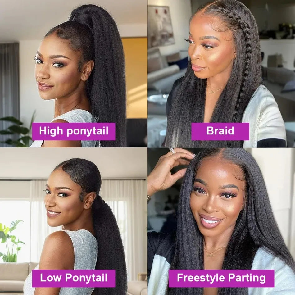 Kinky Straight HD Lace Frontal Wigs Brazilian Human Hair Density Black Full