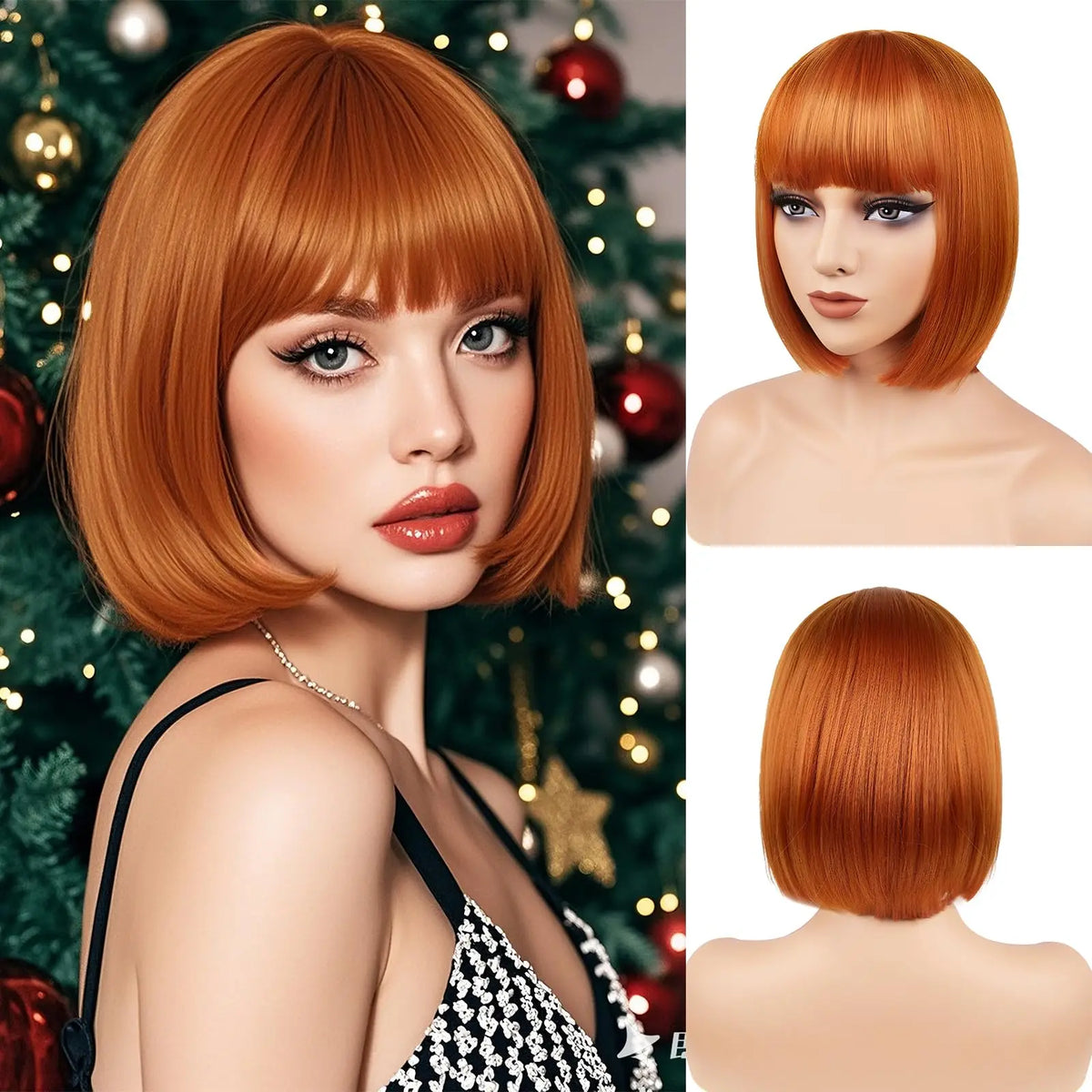 Red Bob Hairstyle Synthetic Wig Party Halloween Cosplay Hot-pressed Hairpiece