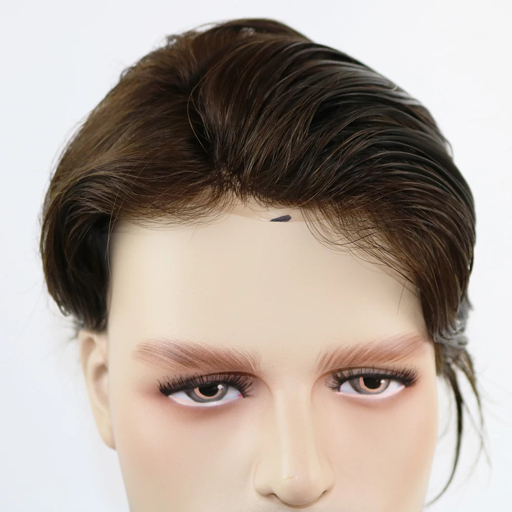 Durable Wig Human Hair Toupee Mono Lace Top Skin PU Base Hairpieces
