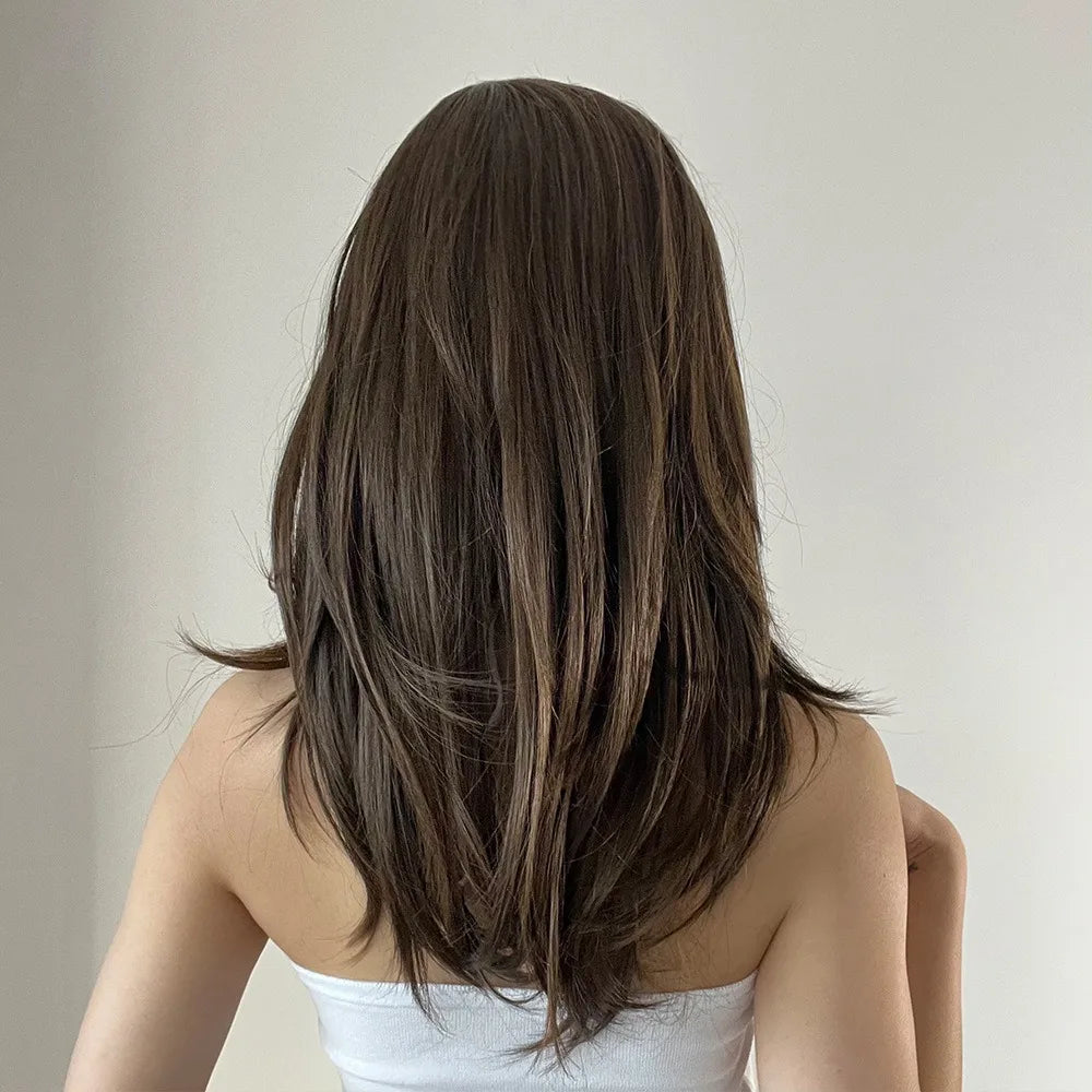 Brown Fiber Wig Slanted Bangs Medium Long Straight Hair Natural Synthetic Heat