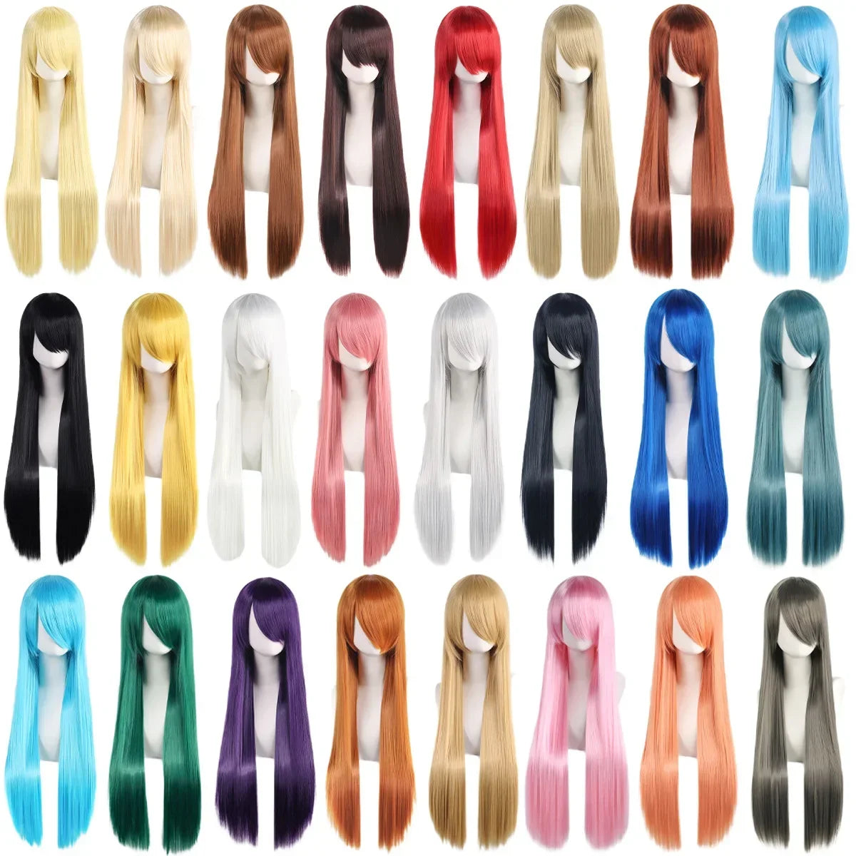 80cm Long Straight Synthetic Cosplay Wig with Bangs, White Green Silver Pink, Heat Resistant