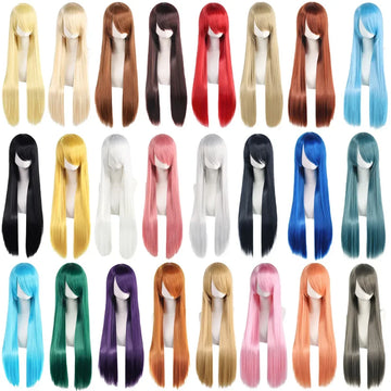80cm Long Straight Synthetic Cosplay Wig with Bangs, White Green Silver Pink, Heat Resistant