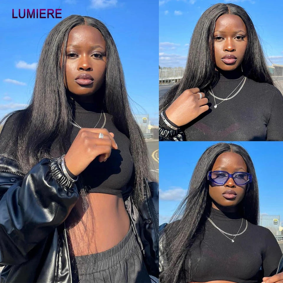 Kinky Yaki Straight Human Hair Bundles Closure Frontal HD Transparent Brazilian Deep