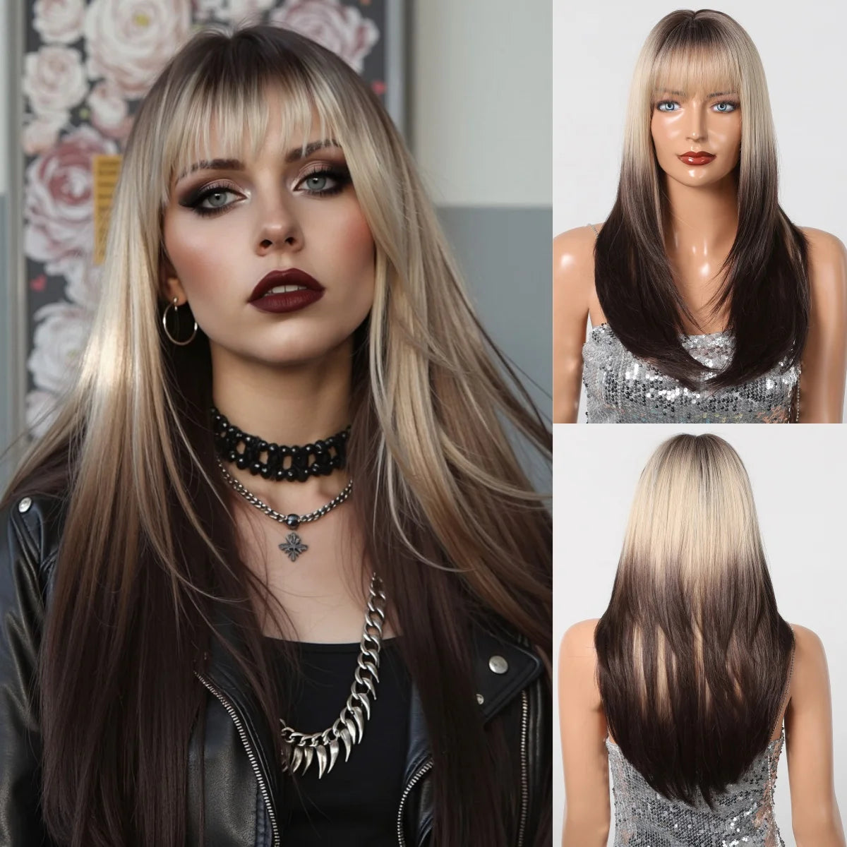 Black Highlight Pink Synthetic Wig Bangs Long Straight Red Cosplay Party Christmas