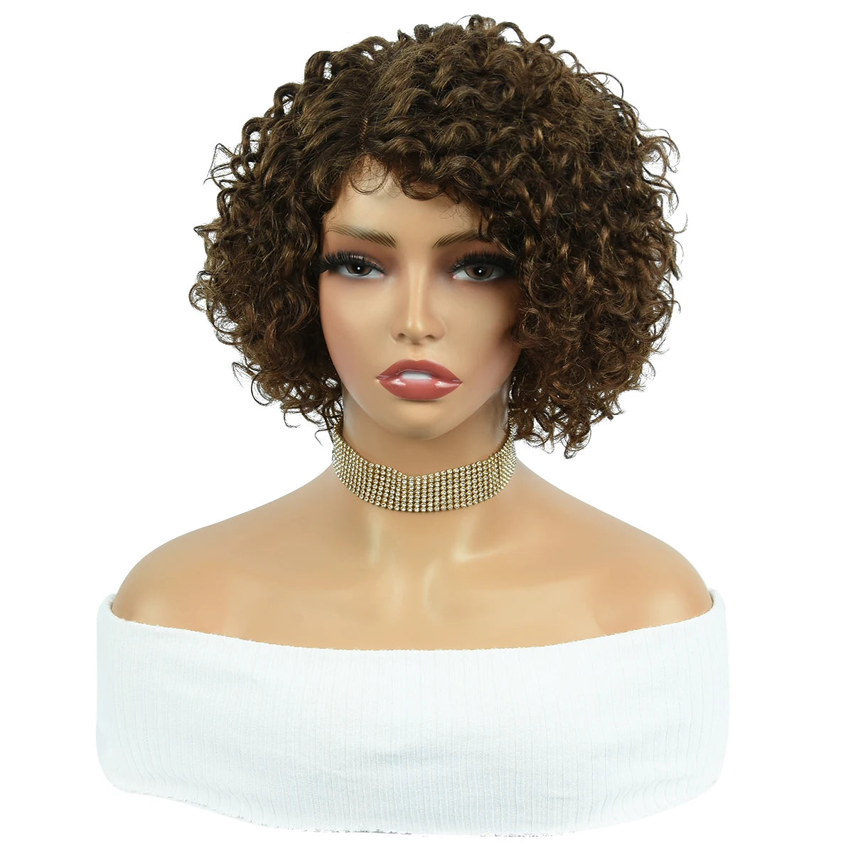 Brown Curly Pixie Cut Wigs Part Lace Human Hair Jerry Closure 8Inch