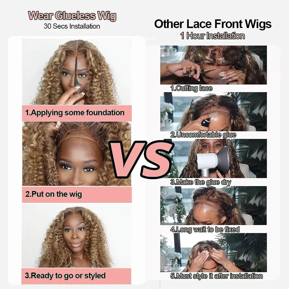 Honey Blonde Curly Wigs, 13x6 Glueless Highlight Human Hair Ready To Wear