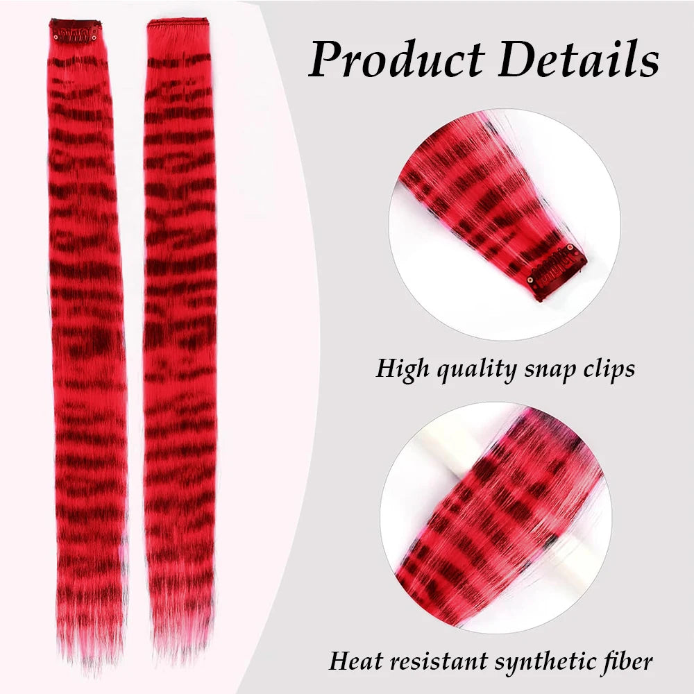 Stripe Printed Clip in Hair Extensions Colorful Synthetic Highlights Straight Wig Hairpieces