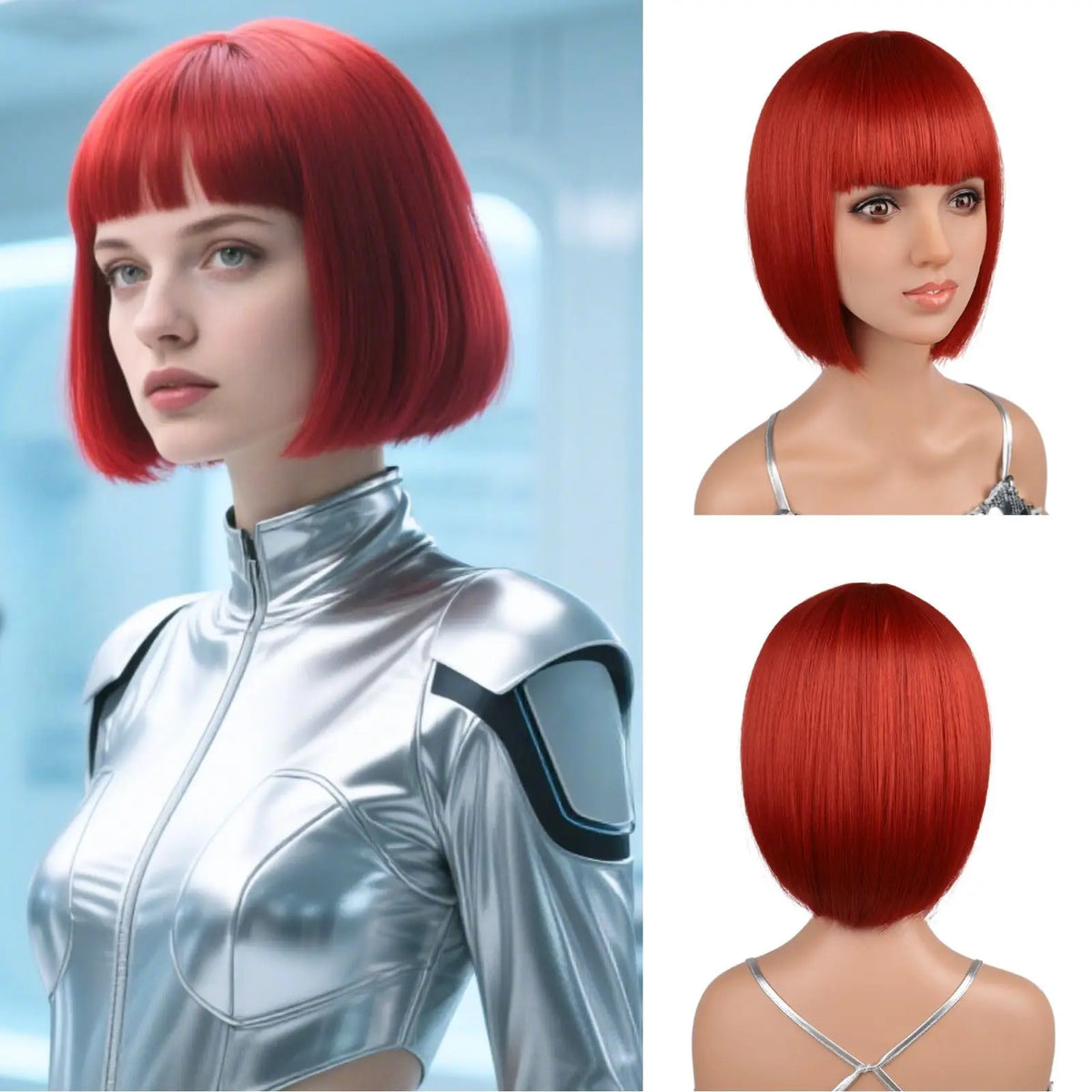 Red Bob Hairstyle Synthetic Wig Party Halloween Cosplay Hot-pressed Hairpiece