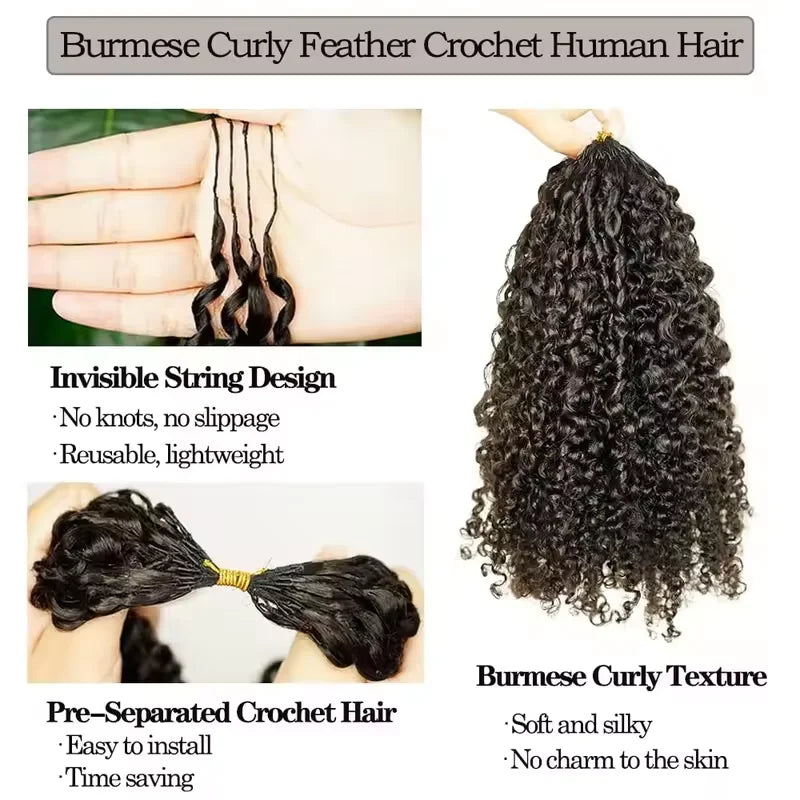 300g Burmese Kinky Curly Crochet Human Hair Knots Feather Extensions Invisible Knotless