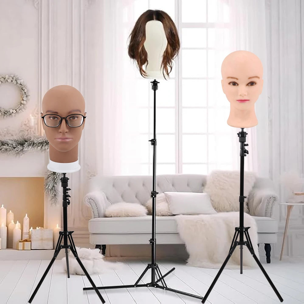 Foldable Wig Stand Tripod With 21-25Inch Canvas Head Black Male Bald Head Mannequin With Stand Wig Head Stand Tripod