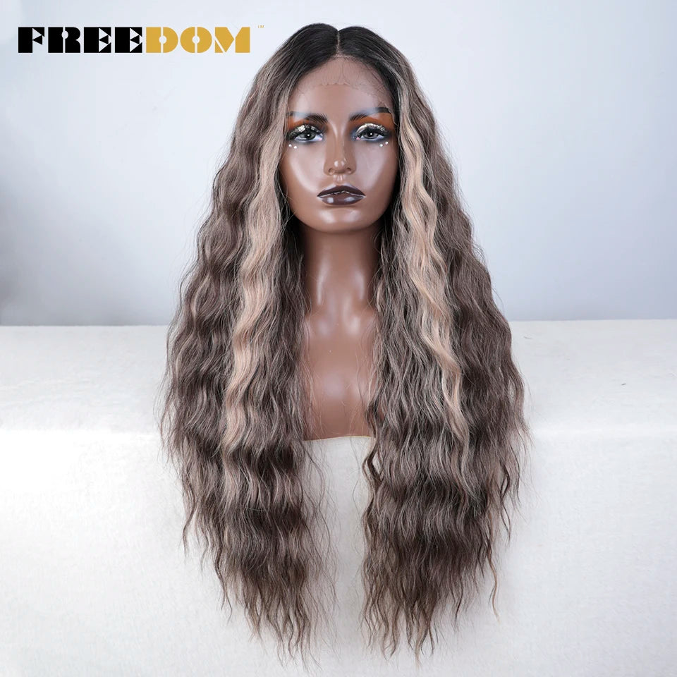 Curly Synthetic Lace Front Wigs Soft Wavy Ombre Blonde Ginger Highlight Cosplay