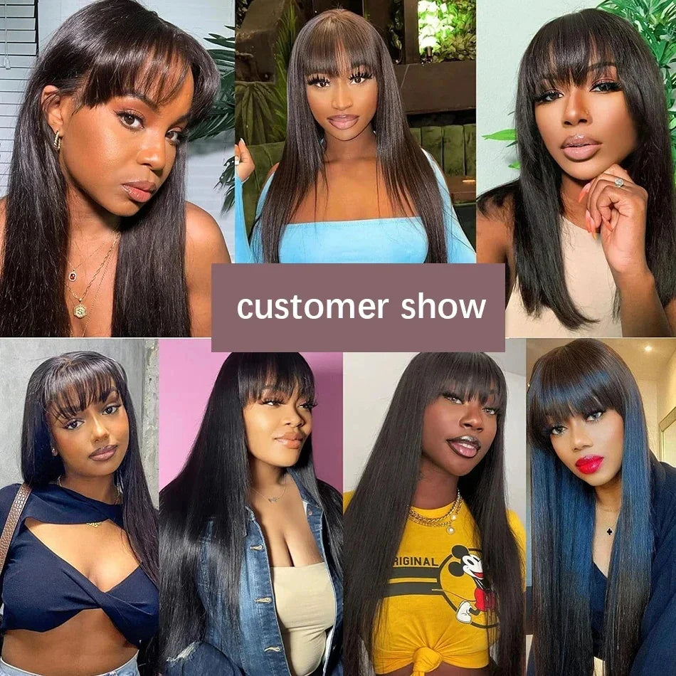 Bone Straight Human Hair Wig Bangs, 3x1 HD Lace Glueless Black Full