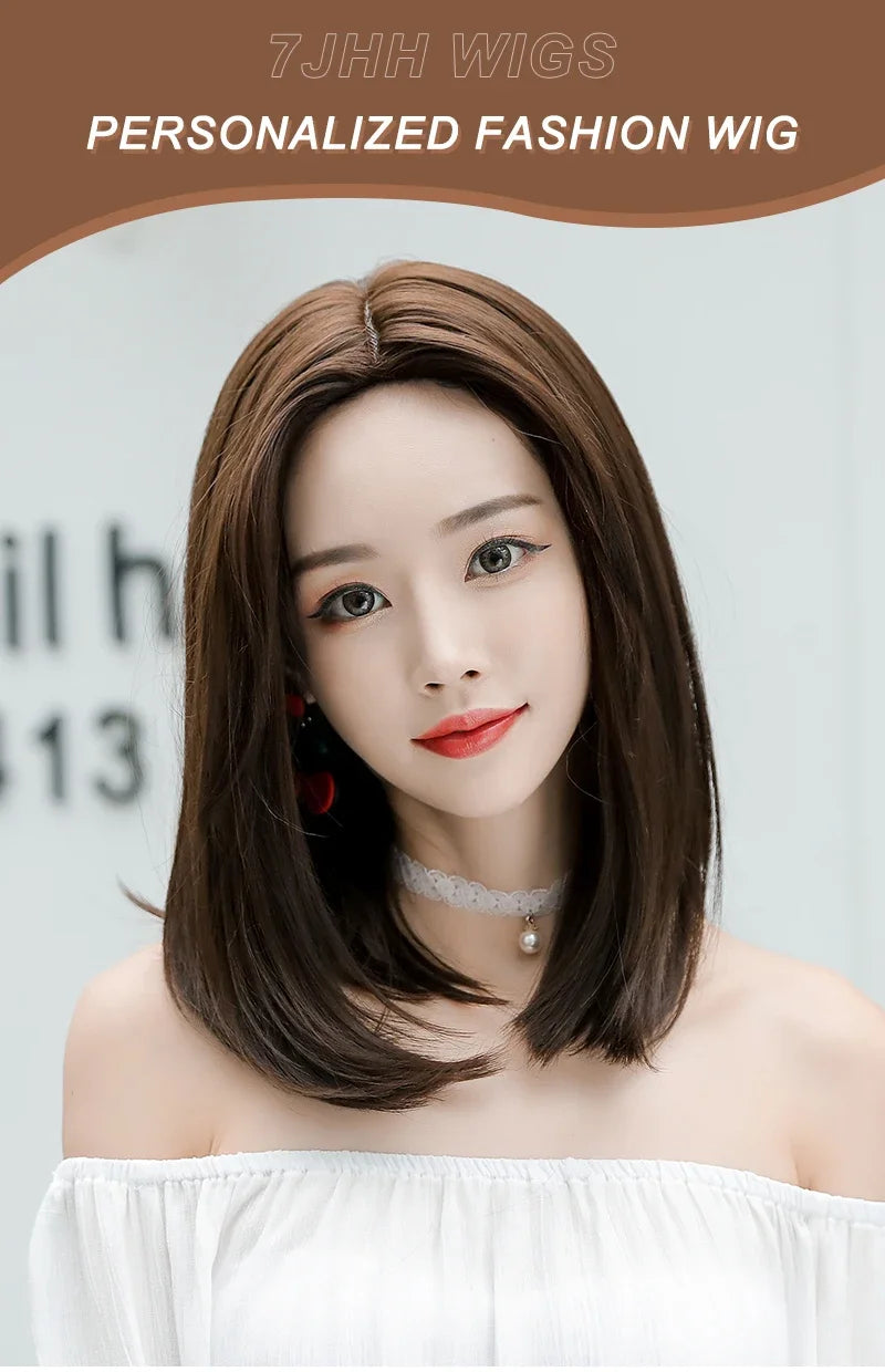 Wigs Short Straight Chocolate Bob Density Synthetic Layered Middle Part Dark Brown