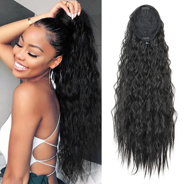 22Inch Synthetic Long Kinky Curly Ponytail Hair Extension Drawstring Wrapped Clip in Hair Black Hairpiece