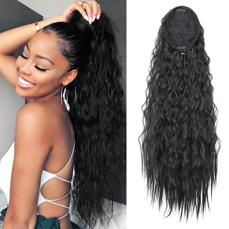 22Inch Synthetic Long Kinky Curly Ponytail Hair Extension Drawstring Wrapped Clip in Hair Black Hairpiece