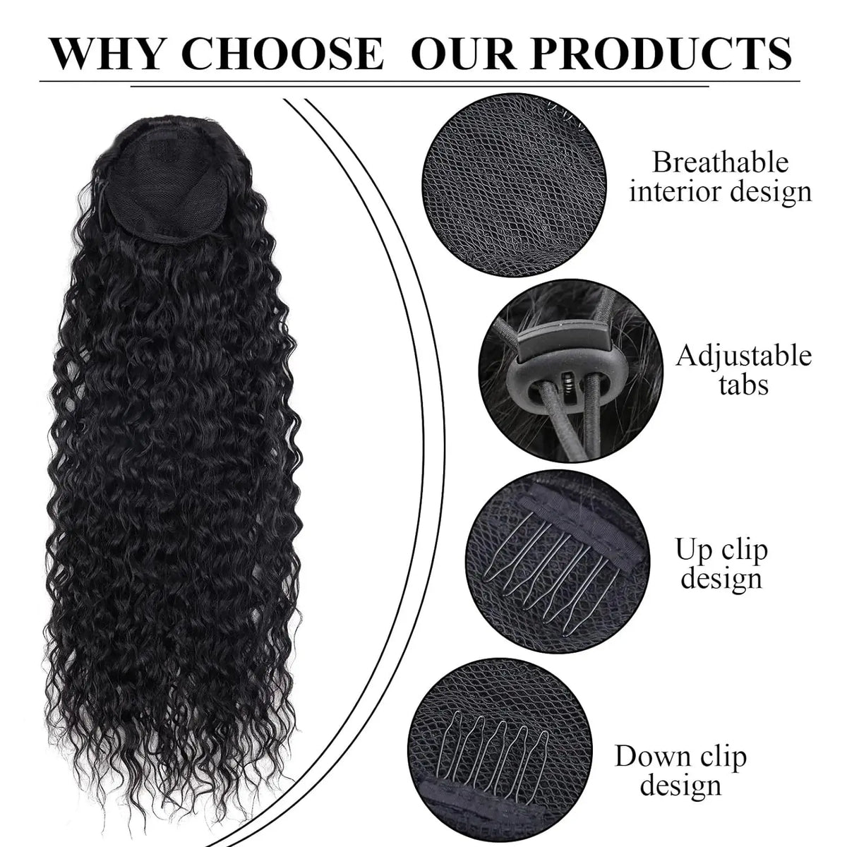 Synthetic Wig 24inch Long Curly Wave Drawstring Ponytail HairPieces Extension Heat Resistant Clip in Girl