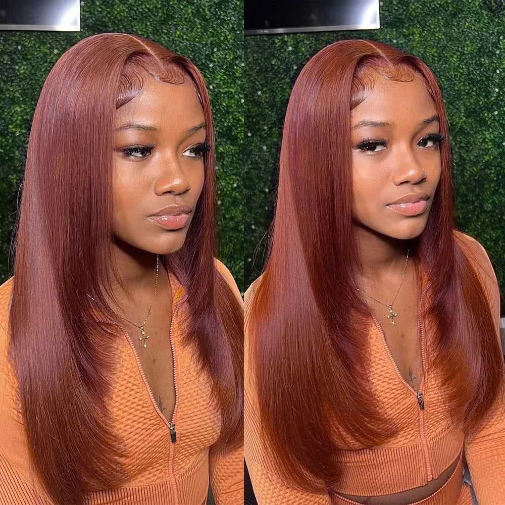 Copper Red Layered Cut Lace Front Wigs Reddish Brown Straight Frontal Glueless