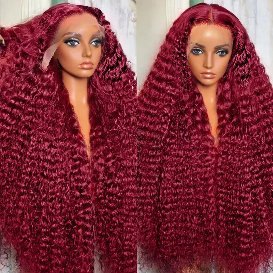 Deep Wave Burgundy, 13x6 HD Lace Frontal Curly Human Hair Wigs Red