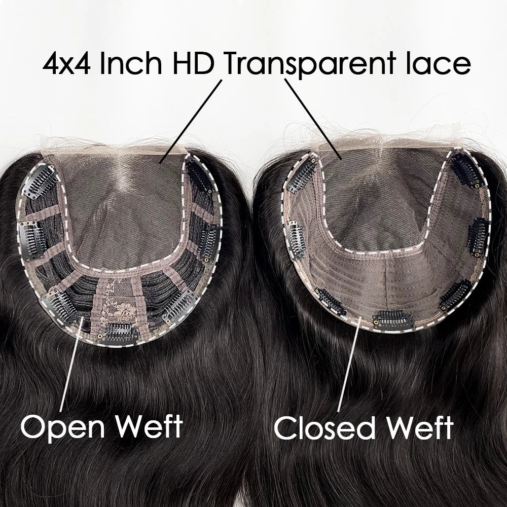 4x4 HD Lace Base Wispy Bangs Topper Natural Black Hair Hairpieces Clips