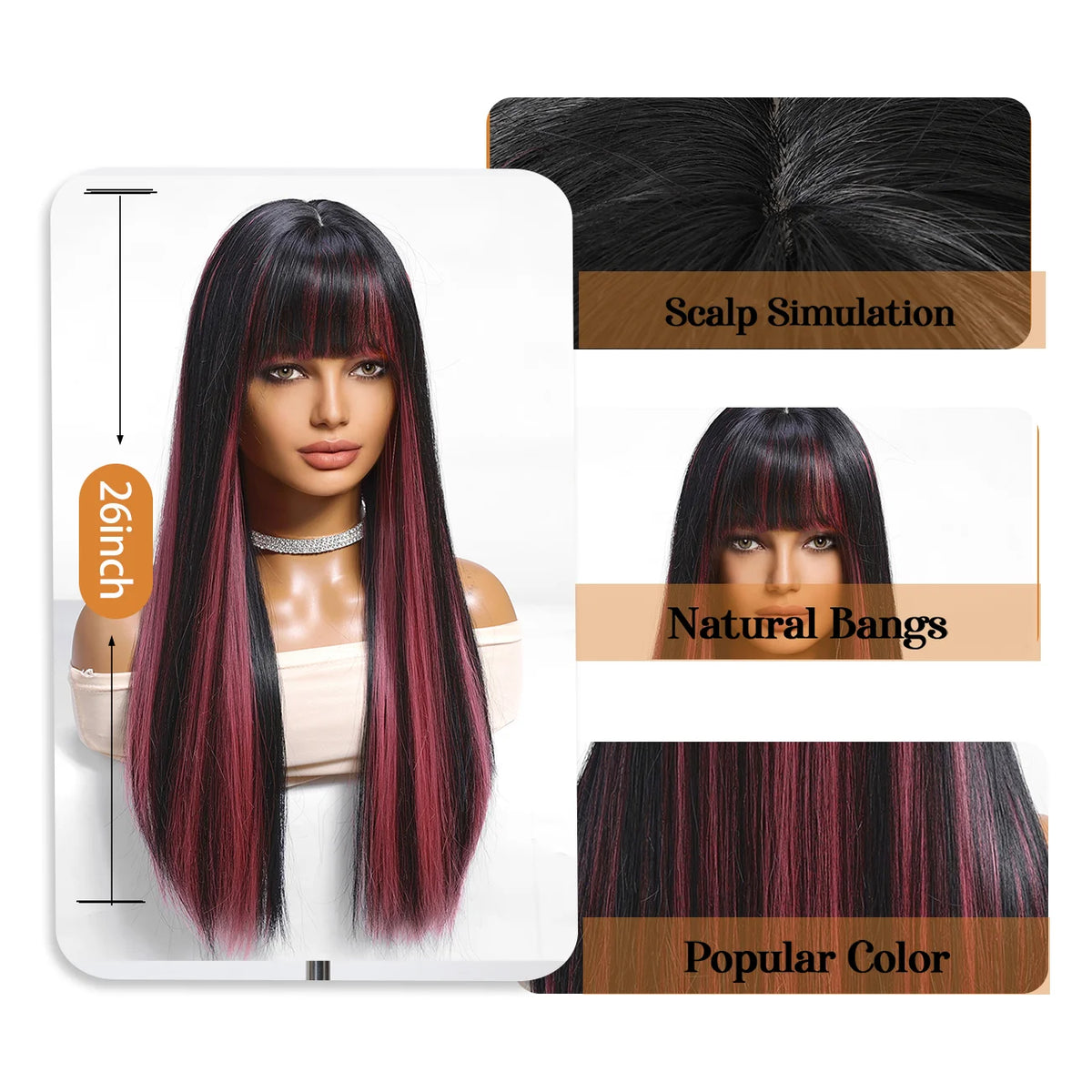 Black Highlight Pink Synthetic Wig Bangs Long Straight Red Cosplay Party Christmas